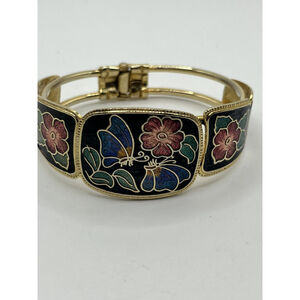 Vintage Cloisonné Enamel FLORAL BUTTERFLY Hinged BRACELET Gold Blue SEE SO NICE